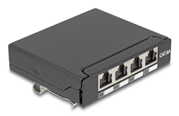 Delock - Koblingspanel - mini - DIN-skinnemonterbar, veggmonterbar, skrivebord - CAT 6a - skjermet - RJ-45 X 4 - svart