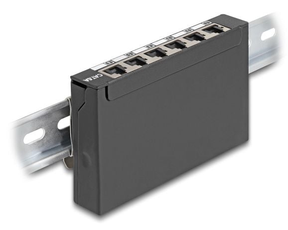 Delock - Koblingspanel - mini - DIN-skinnemonterbar, veggmonterbar, skrivebord - CAT 6a - skjermet - RJ-45 X 6 - svart