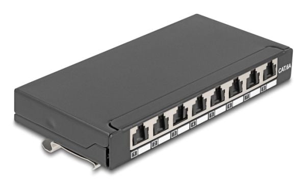 Delock - Koblingspanel - mini - DIN-skinnemonterbar, veggmonterbar, skrivebord - CAT 6a - skjermet - RJ-45 X 8 - svart