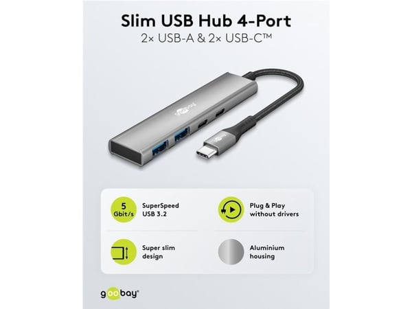 Goobay 76563, USB Type-C, USB 3.2 Gen 1 (3.1 Gen 1) Type-A, USB 3.2 Gen 1 (3.1 Gen 1) Type-C, 5000 Mbit/s, Grå, Aluminium, Plast, 0,115 m