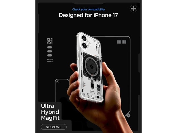 Spigen Ultra Hybrid (MagFit) Neo One, Suojus, Apple, iPhone 17, 16 cm (6.3"), musta, Läpinäkyvä