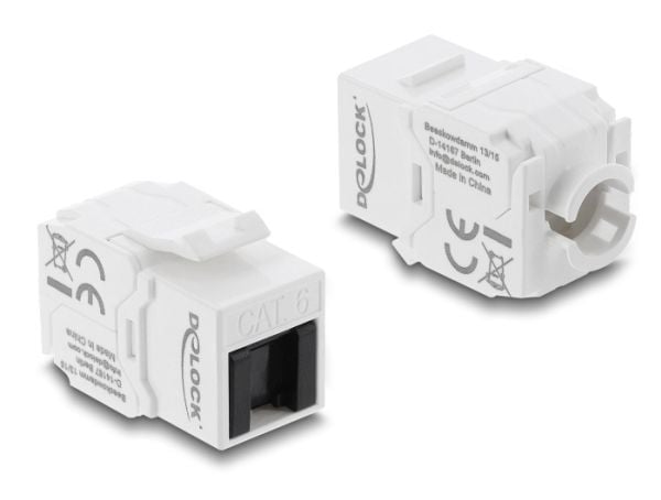 Delock Keystone-modul RJ45 hunn til LSA Cat.6 UTP uten verktøy med støvdeksel hvit / svart