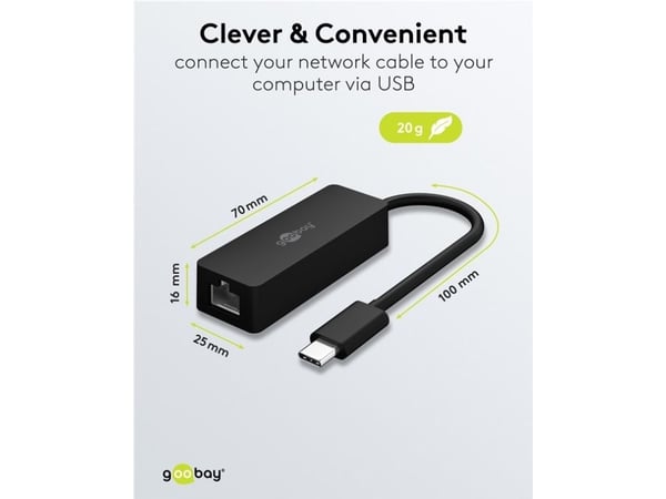 Goobay 76579, USB-C, RJ-45, 0,1 m, Svart