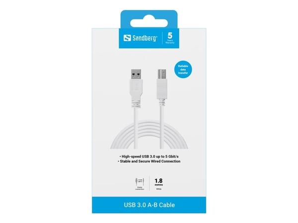 Sandberg 509-23, 1,8 m, USB A, USB B, USB 3.2 Gen 1 (3.1 Gen 1), 5 Gbit/sek, hvit