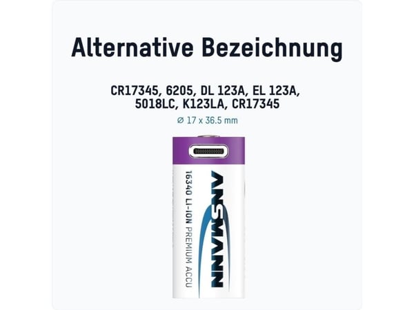 Ansmann 16340, Micro-USB Erikoisakku 16340 Litium 3,6 V 850 mAh