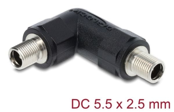 Delock hulpluggadapter DC 5,5 x 2,5 mm stikkontakt til stikkontakt med 90° vinklet gjenge