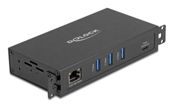 Delock - Hub - RJ45, 1.5 kV isolation - 3 x USB 3.2 Gen 1 + 1 x USB-C 3.2 Gen 1 (strømforsyning) + 1 x 1 Gigabit Ethernet - stasjonær, overflatemon...