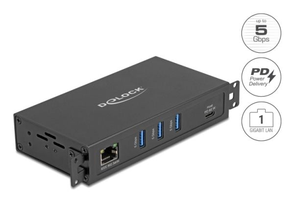 Delock - Hub - RJ45, 1.5 kV isolation - 3 x USB 3.2 Gen 1 + 1 x USB-C 3.2 Gen 1 (strømforsyning) + 1 x 1 Gigabit Ethernet - stasjonær, overflatemon...