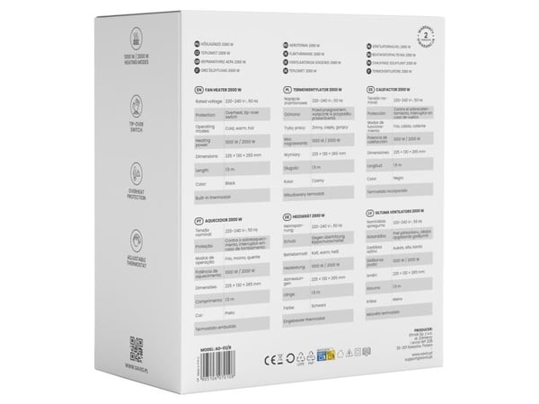 Savio AD-02 W, Viftedrevet elektrisk romvarmer, 1,5 m, Hvit, Hvit, 220 - 240 V, 50 Hz