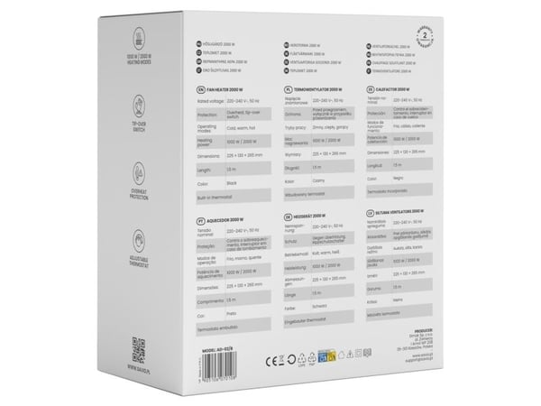 Savio AD-02 B, Viftedrevet elektrisk romvarmer, 1,5 m, CE WEE, Svart, 220 - 240 V, 50 Hz