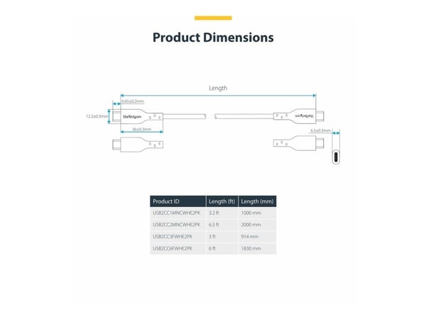StarTech.com USB2CC1MNCWHE2PK, 1 m, USB C, USB C, USB 2.0, 0,48 Gbit/s, valkoinen