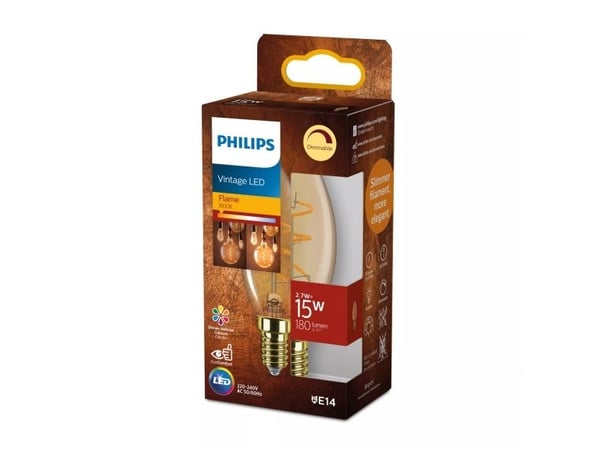 Philips Filamentti kynttilälamppu meripihka 15W B35 E14, 2,7 W, 15 W, E14, 180 lm, 15000 h, Flame