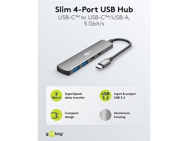 Goobay 79159, USB Type-C, USB 3.2 Gen 1 (3.1 Gen 1) Type-A, USB 3.2 Gen 1 (3.1 Gen 1) Type-C, 5000 Mbit/s, Grå, Aluminium, Plast, 0,1 m