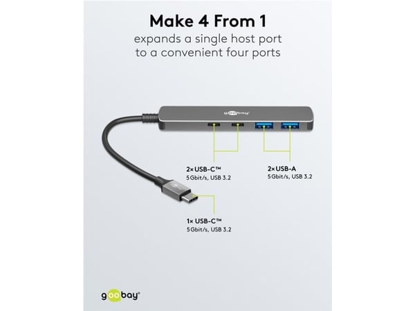 Goobay 79159, USB Type-C, USB 3.2 Gen 1 (3.1 Gen 1) Type-A, USB 3.2 Gen 1 (3.1 Gen 1) Type-C, 5000 Mbit/s, Grå, Aluminium, Plast, 0,1 m