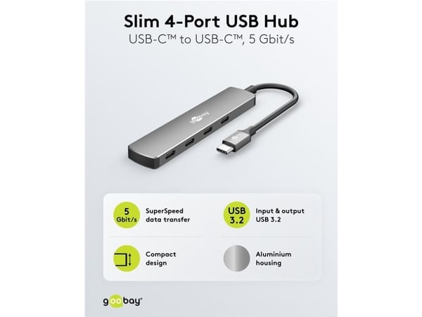 Goobay 79160, USB 3.2 Gen 1 (3.1 Gen 1) Type-C, USB 3.2 Gen 1 (3.1 Gen 1) Type-C, 5000 Mbit/s, Grå, Aluminium, Plast, 0,1 m