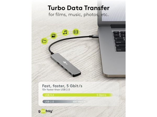 Goobay 79160, USB 3.2 Gen 1 (3.1 Gen 1) Type-C, USB 3.2 Gen 1 (3.1 Gen 1) Type-C, 5000 Mbit/s, Grå, Aluminium, Plast, 0,1 m