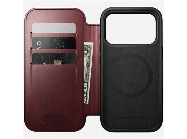 NOMAD Modern Leather Folio - lærveske for iPhone 17 Pro kompatibel med MagSafe Horween-lær (burgunder)
