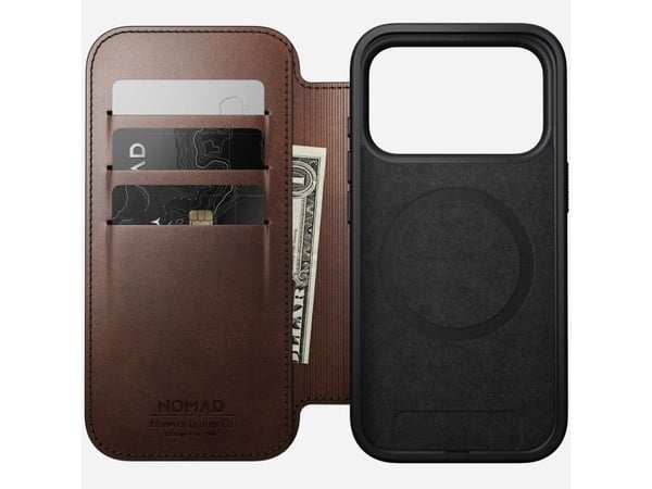 NOMAD Modern Leather Folio - Lærveske for iPhone 17 Pro kompatibel med MagSafe Horween-lær (rustikk brun)