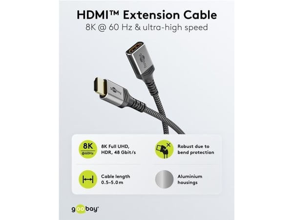 Goobay 79105, 1,5 m, HDMI-tyyppi A (vakio), HDMI-tyyppi A (vakio), 3D, 48 Gbit/s, musta, Hopea