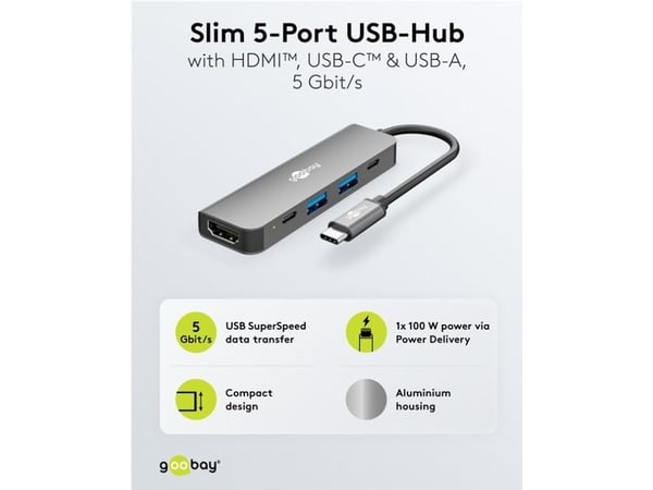 Goobay 78967, USB Type-C, HDMI, USB 2.0, USB 3.0, USB Type-C, 5000 Mbit/s, Grå, Aluminium, Plast, 100 W