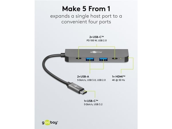 Goobay 78967, USB Type-C, HDMI, USB 2.0, USB 3.0, USB Type-C, 5000 Mbit/s, Grå, Aluminium, Plast, 100 W