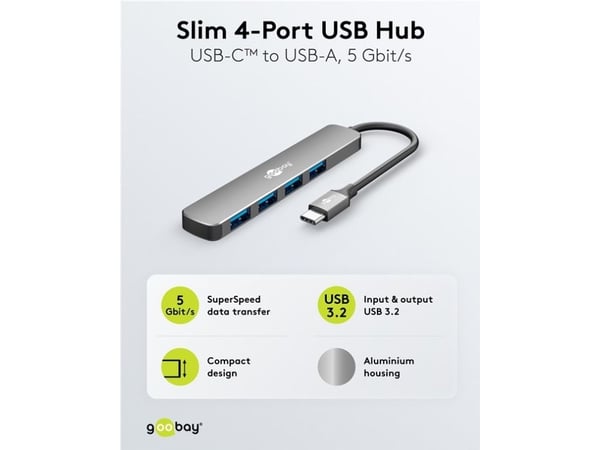 Goobay 79157, USB Type-C, USB 3.2 Gen 1 (3.1 Gen 1) Type-A, 5000 Mbit/s, Grå, Aluminium, Plast, 0,1 m