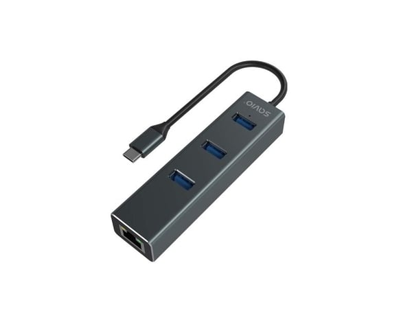 SAVIO AK-57 3-porttinen USB-C 3.1 GEN 1 HUB RJ-45 Gigabit Ethernet -sovittimella varustettuna