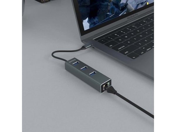 SAVIO AK-57 3-porttinen USB-C 3.1 GEN 1 HUB RJ-45 Gigabit Ethernet -sovittimella varustettuna