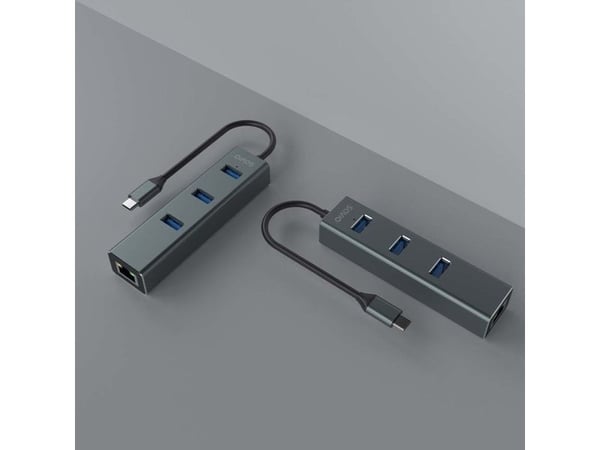 SAVIO AK-57 3-porttinen USB-C 3.1 GEN 1 HUB RJ-45 Gigabit Ethernet -sovittimella varustettuna
