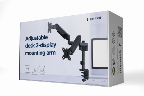 Gembird MA-DA2P-01 - Monteringssett (2 leddarmer, 2 VESA-monteringsbøyler, klemmemonteringsbase, maljemonteringsfot) - for 2 LCD-skjermer - stål, p...