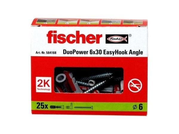 Fischer 564168, Kit med skruvkrok och väggplugg, Autoklaverad lättbetong, Tegel, Betong, Gipsskiva, Gipsskivor, Plast, Grå, Röd, Vit, Torx, TX20