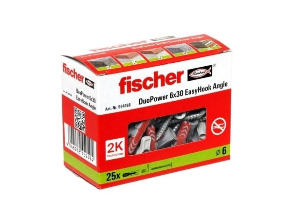 Fischer 564168, Kit med skruvkrok och väggplugg, Autoklaverad lättbetong, Tegel, Betong, Gipsskiva, Gipsskivor, Plast, Grå, Röd, Vit, Torx, TX20