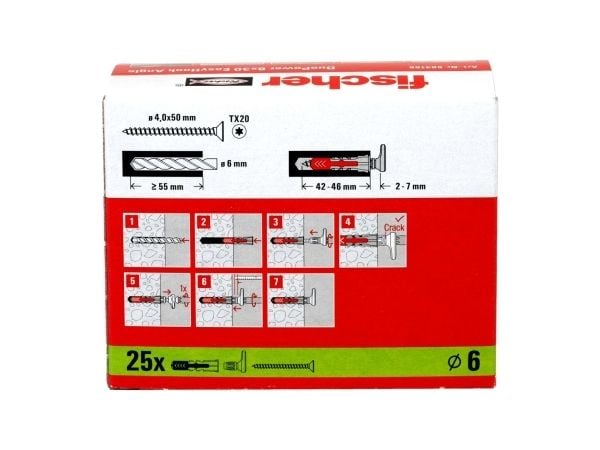 Fischer 564168, Kit med skruvkrok och väggplugg, Autoklaverad lättbetong, Tegel, Betong, Gipsskiva, Gipsskivor, Plast, Grå, Röd, Vit, Torx, TX20