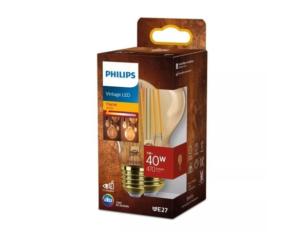 Philips Hehkulankalamppu, meripihkankeltainen 40W A60 E27, 7 W, 40 W, E27, 470 lm, 15000 h, Flame
