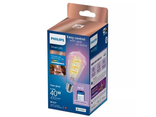 Philips Smart - LED-filamentlyspære - form: ST64 - klar finish - E27 - 6.3 W (ekvivalent 40 W) - klasse G - RGB-lys - 2200-6500 K