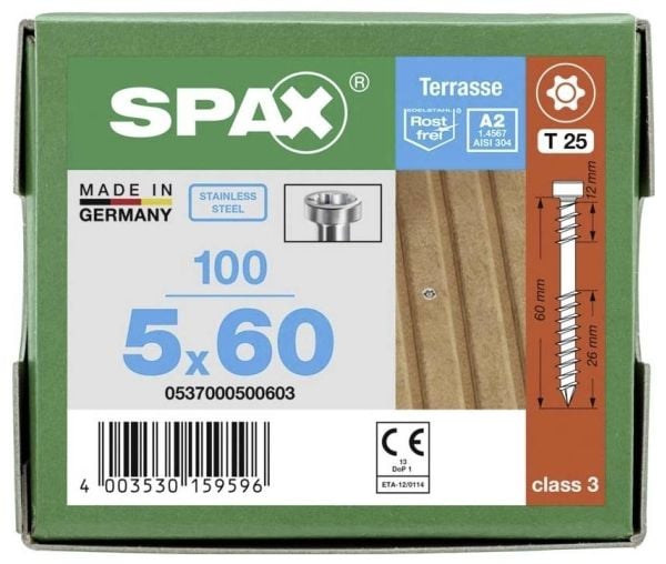 SPAX 3336805, Skruv, Rostfritt stål, Trä, Cylindriskt huvud, Torx, Metallisk