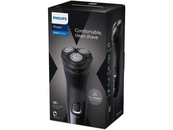 Philips Shaver 3000X Series X3001/00 Våt og tørr elektrisk barbermaskin, Roterende hode, Sort, PowerCut blade system, SH30, 2 år, Batteri