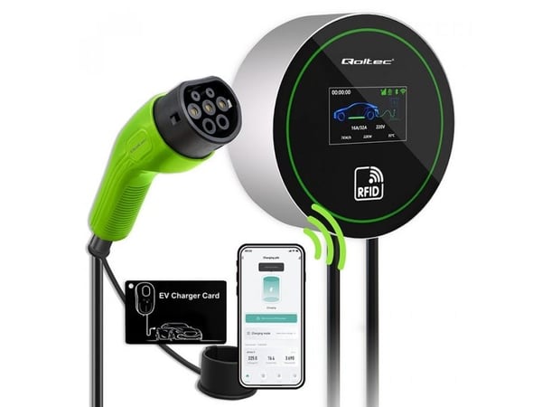 Qoltec - EV-ladestasjon - 2-in-1, Wi-Fi, LCD, RFID, 3 phases, wallbox - 22 kW - 32 A (IEC 62196 Type 2) - svart, grønn