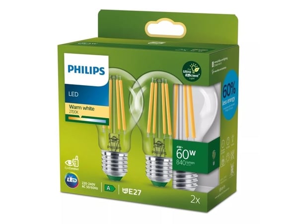Philips - LED-filamentlyspære - form: A60 - klar finish - E27 - 4 W (ekvivalent 60 W) - varmt hvitt lys - 2700 K (en pakke 2)