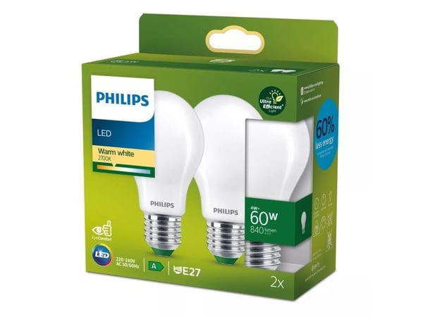 Philips Hehkulankalamppu, huurrettu 60W A60 E27 x2, 4 W, 60 W, E27, 840 lm, 50000 h, Lämmin valkoinen