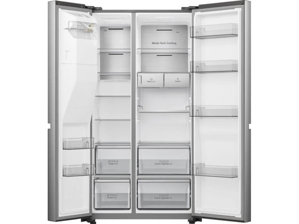 Hisense RS818N4TIC, Frittstående, Amerikansk dør, Grå, Rustfritt stål, Berøringskontroll, LED, På dør