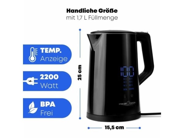 ProfiCook PC-WKS 1243, 1,7 L, 2200 W, Svart, Rustfritt stål, Justerbar termostat, Vannmåler