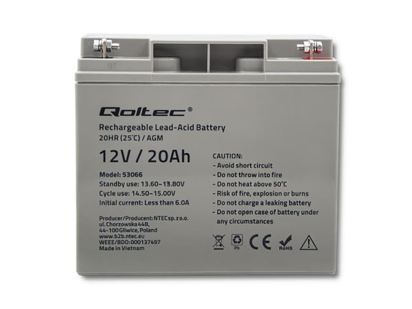 Qoltec - UPS-batteri - agm battery, 12V, max. 300A - 1 x batteri - Bly-syra - 20 Ah