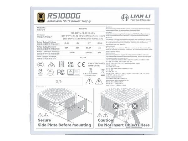 Lian Li RS1000G, 1000 W, 100 - 240 V, 50/60 Hz, 8 - 15 A, Aktiv, 100 W