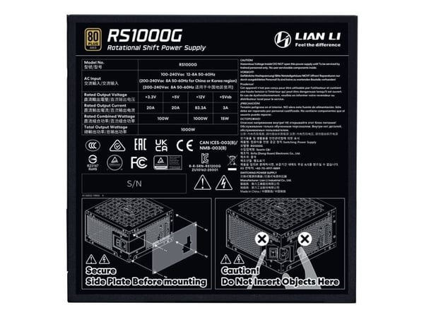 Lian Li RS1000G, 1000 W, 100 - 240 V, 50/60 Hz, 8 - 15 A, Aktiv, 100 W