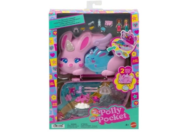 Polly Pocket 2-i-1 Bunny Fun kiste, bærbart lommelekesett med 2 dukker og 12 tilbehør inkludert dyr