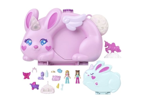 Polly Pocket 2-i-1 Bunny Fun kiste, bærbart lommelekesett med 2 dukker og 12 tilbehør inkludert dyr