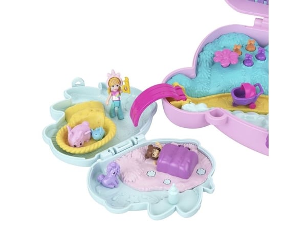 Polly Pocket 2-i-1 Bunny Fun kiste, bærbart lommelekesett med 2 dukker og 12 tilbehør inkludert dyr