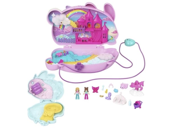 Polly Pocket 2-i-1 Bunny Fun kiste, bærbart lommelekesett med 2 dukker og 12 tilbehør inkludert dyr
