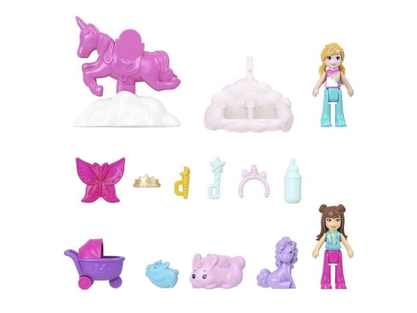 Polly Pocket 2-i-1 Bunny Fun kiste, bærbart lommelekesett med 2 dukker og 12 tilbehør inkludert dyr